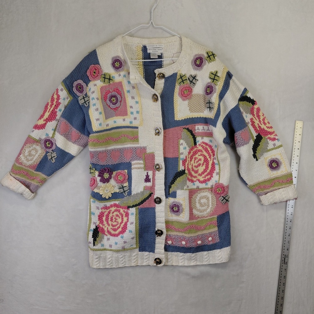 Vintage Jennifer Reed Hand Knitted Floral Patchwork Cardigan Sweater Pastel S